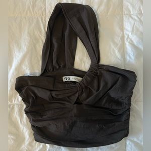 Zara Brown Linen Asymmetrical Top